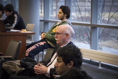 Scott Fisher observes during a programming class in February. Fisher emphasizes how much the education he received while a student at Illinois CS prepared him for a career in technology.