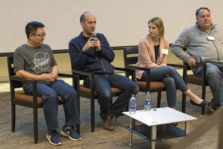 Steve Benni, the executive director of Global Technology for JP Morgan Chase &amp; Co., talks during the Oct. 25 ThinkChicago Roadhsow while fellow panelists (from left) Long Hei, director of Data Science for CCC Information Services, Miranda Kemp, who is director of Technology Labs for AARP, and Ocient CTO and co-founder Joe Jablonski listen.