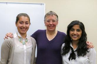 Sandra Rankin (center) with scholarship recipients Madeline Psenka (BS CS '17, left) and Shilpa Subrahmanyam (BS CS '16, MS '17, right) at the 2013 WCS Student and Alumni Dinner.