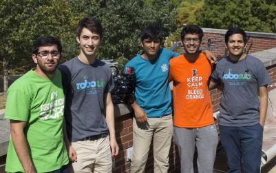 Illinois Autonomous Underwater Vehicle team members Saleh Ahmed, Adrian Brandemuehl, Shubhankar Agarwal, Harshit Agarwal, and Krishna Dusad.  (Photo by David Mercer)