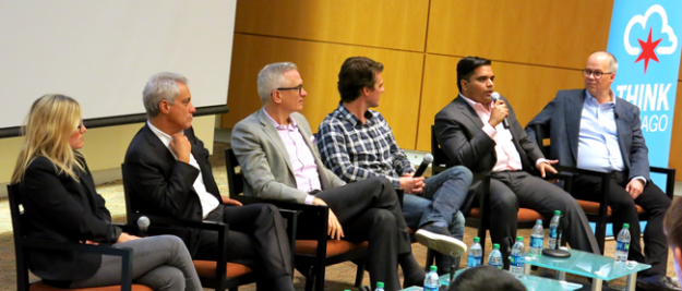 ThinkChicago Roadshow Panelists: Julie Novack, Mayor Rahm Emanuel, Chris Gladwin, Matt Maloney, Rohit Pasam, and Mark Tebbe (BS CS '83)