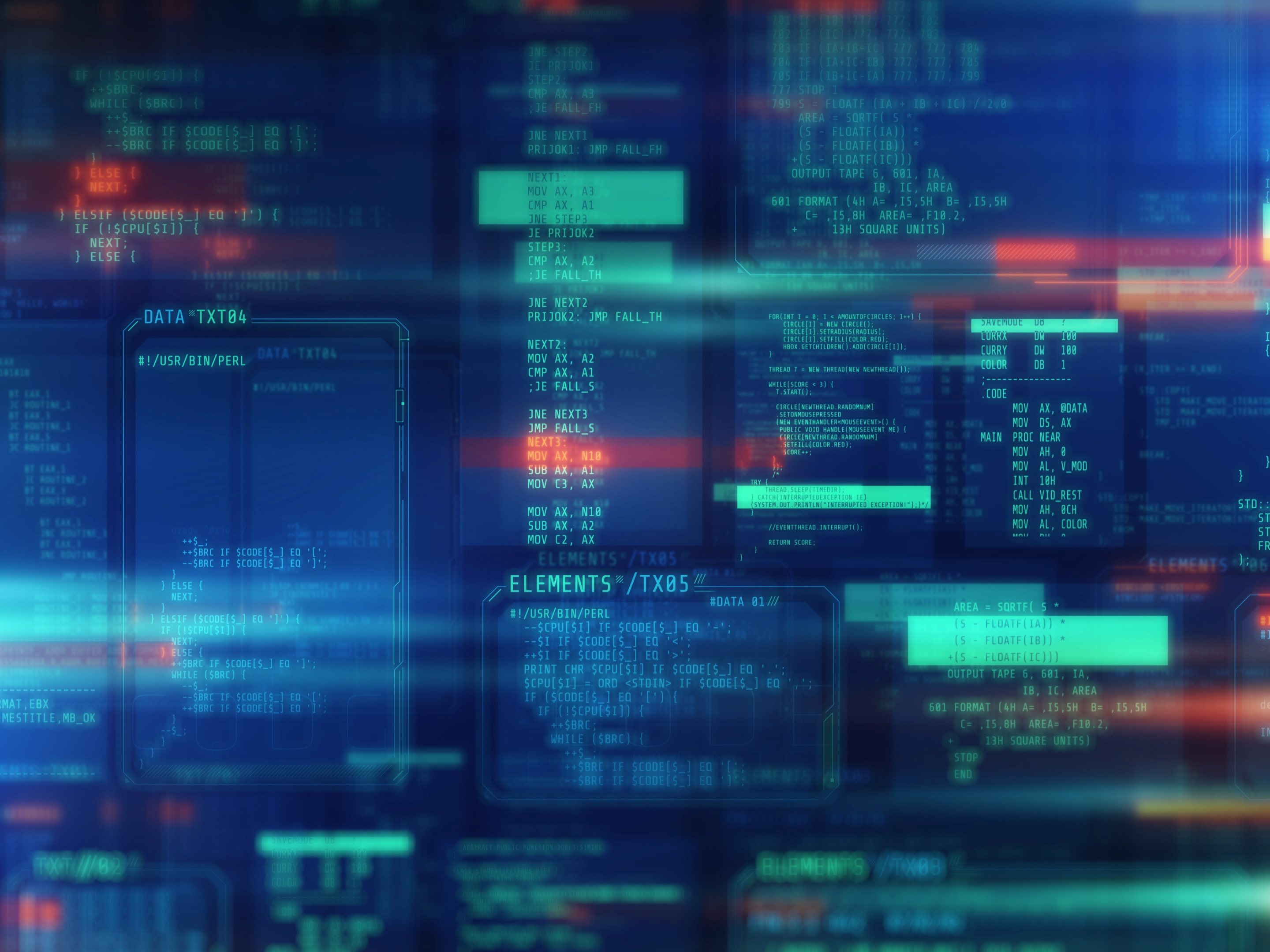 Colorful space full of blue green and red blurry squares