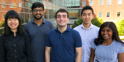 The 2017 class of Siebel Scholars (l-r): Wenqi He, Vipul Venkataraman, Spencer Gordon, Dengfeng Li, and Chamila Amithirigala