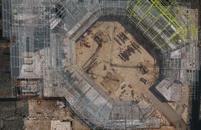 Using technology developed by Derek Hoiem and Illinois Professor Mani Golparvar Fard&acirc;&euro;&trade;s groups, a building&acirc;&euro;&trade;s 3D planned model is overlaid on the 3D point cloud reconstructed from photos of the actual construction site. The tasks that are likely to fall behind schedule are highlighted in yellow.