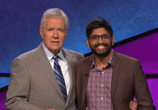 Jeopardy host Alex Trebek with CS @ ILLINOIS graduate student Pranjal Vachaspati, who will defend his six-game winning streak in todayâ€™s episode of Jeopardy. Photo courtesy Jeopardy Productions Inc. 