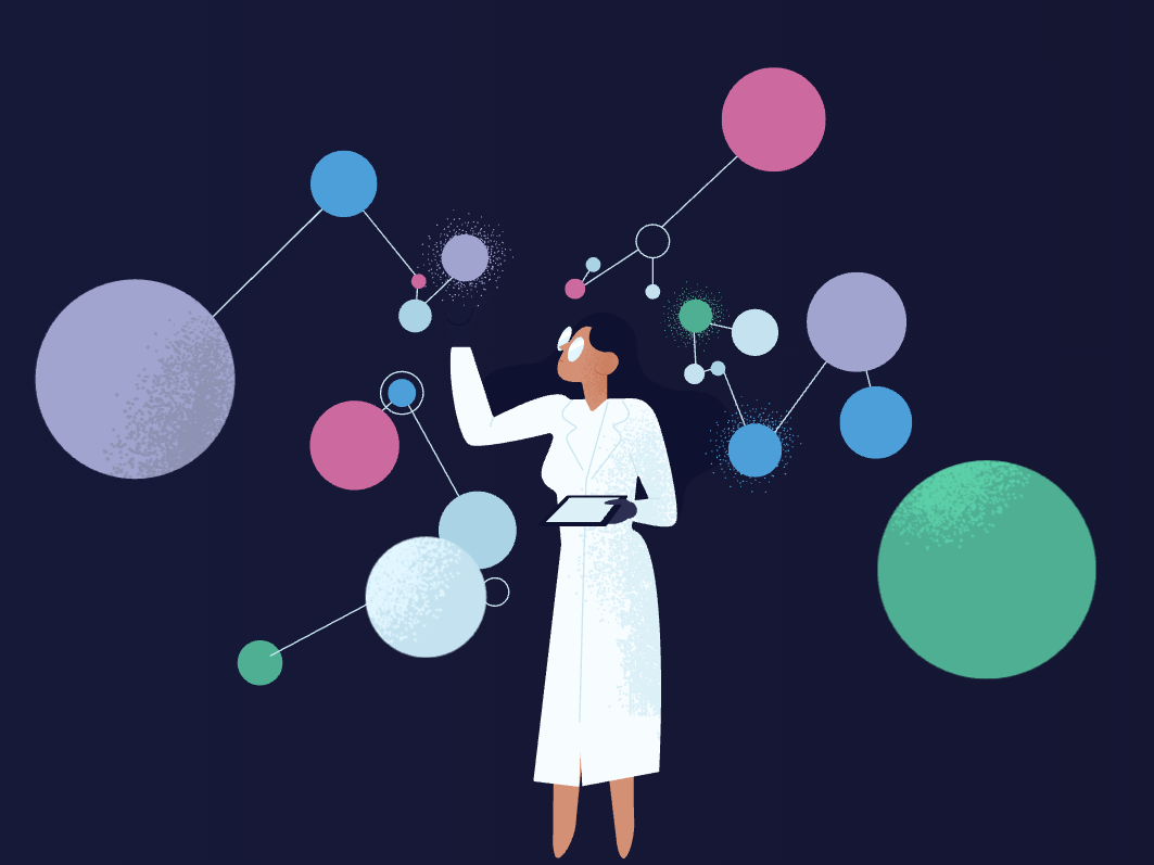 A woman in a while coat points at colorful circles and lines.