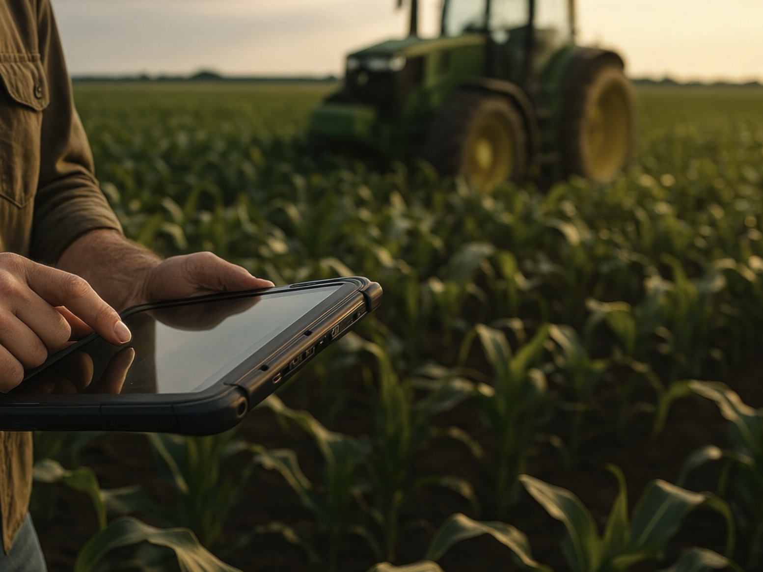 A person taps on an electronic device in a cornfield in front of a tractor.