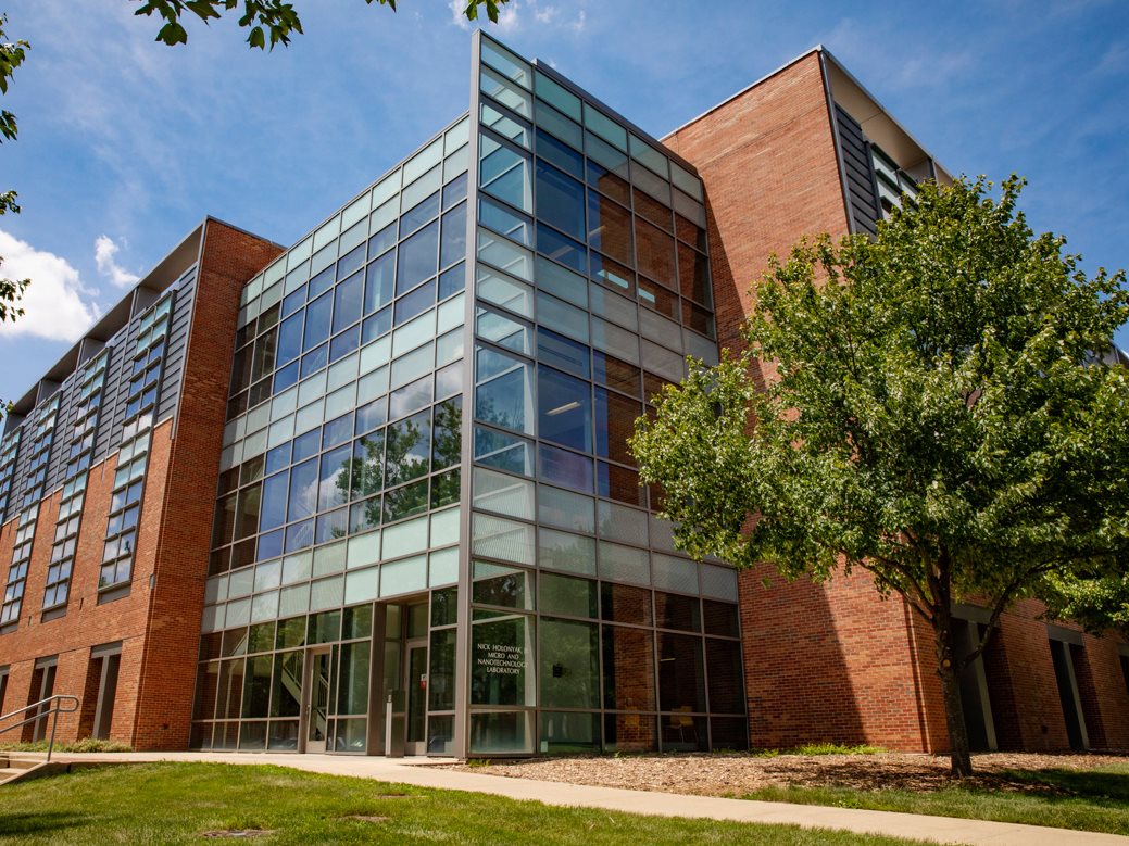 Low shot looking up at the outside of Holonyak Micro and Nanotechnology Laboratory.