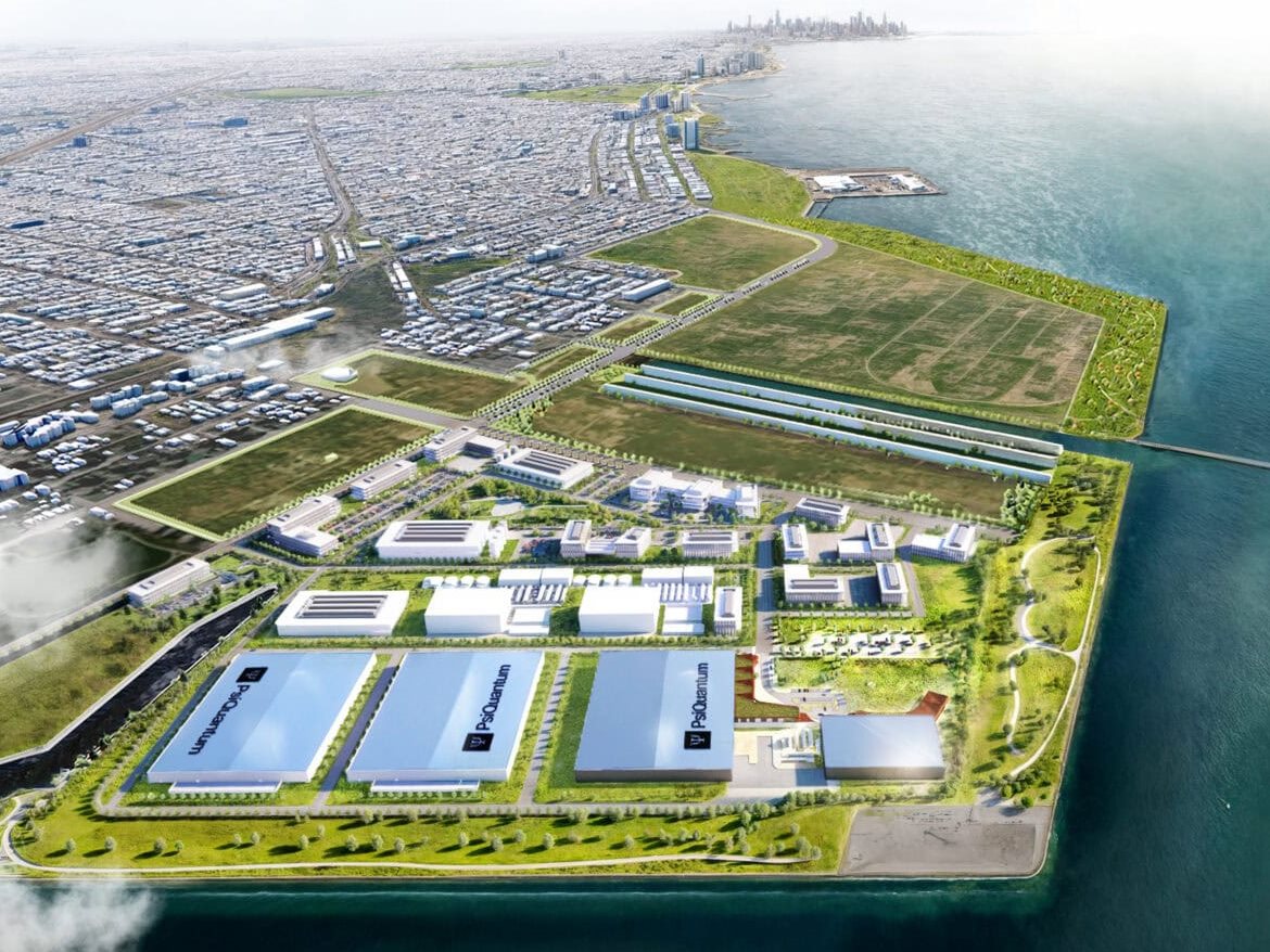A large industrial park by a lake.