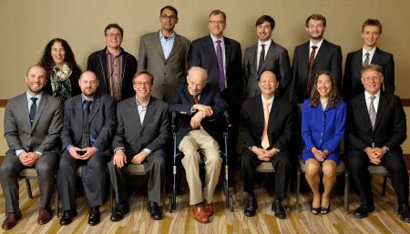 The recipients of the 2015 CS @ Illinois Alumni Awards. Seated (from left): Pete Koomen, John Criswell, William Dunn, CS Professor Emeritus Paul Saylor, Jackson Hu, Lynn Reedy, and Rick Cattell. Standing (from left): Nancy Amato, Luis Ceze, Apu Kapadia, CS Department Head Rob A. Rutenbar, Russ Simmons, Dave Paola, and Cosmin R&#259;doi.
