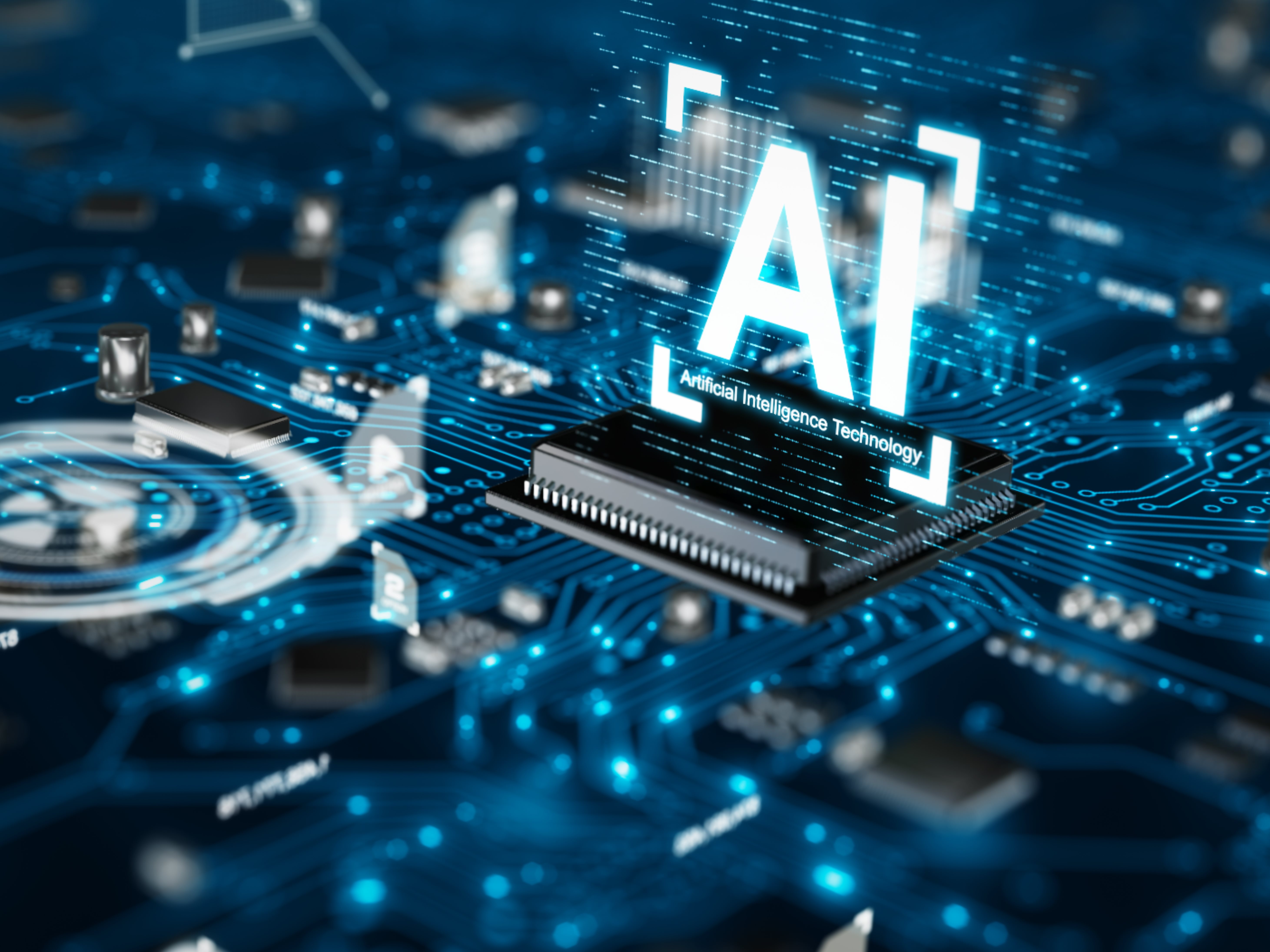 3D render AI artificial intelligence technology CPU central processor unit chipset on the printed circuit board for electronic and technology concept