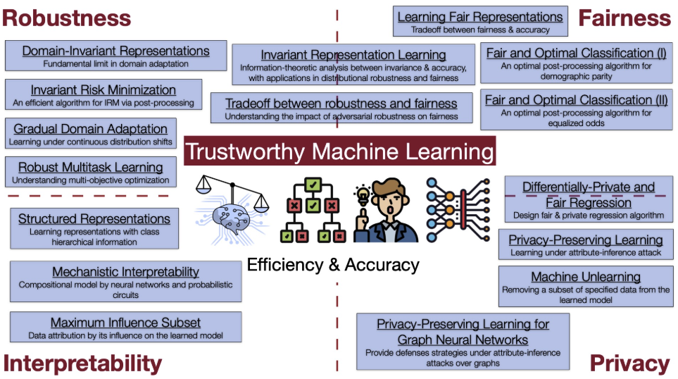 An organizational chart showing the research areas of the Trustworthy Machine Learning Group. The chart is divided into four quadrants marked Robustness, Fairness, Interpretability, and Privacy. At the center is a graphic marked by the group's motto: Efficiency and Acccuracy. Each quadrant has subsections listing points of focus.