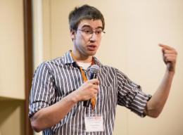 Thomas Reese giving his presentation during the final round of the 2015 Cozad New Ventures Competition.