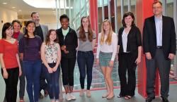 CS @ ILLINOIS, which runs the Central Illinois chapter of the National Center for Women &amp; Information Technology (NCWIT), presented Aspiration awards to high school women before the Splash event April 11. Pictured left to right are: WCS President Emily Tran; CS Lecturer Cinda Heeren; Aspirations winner Hailan Shanbhag; CS Associate Head Lenny Pitt; Aspirations winners Elizabeth Singer, Allyah Evans, Hadley Shapland, and Sarah Collins; Splash co-director Briana Chapman; and CS Department Head Rob A. Rutenbar.