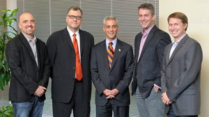 Participants on the Chicago After Hours Tech Panel. Brad Keywell, Professor Rob A. Rutenbar, Mayor Rahm Emanuel, Mike Evans, and Eric Lunt (l-r).