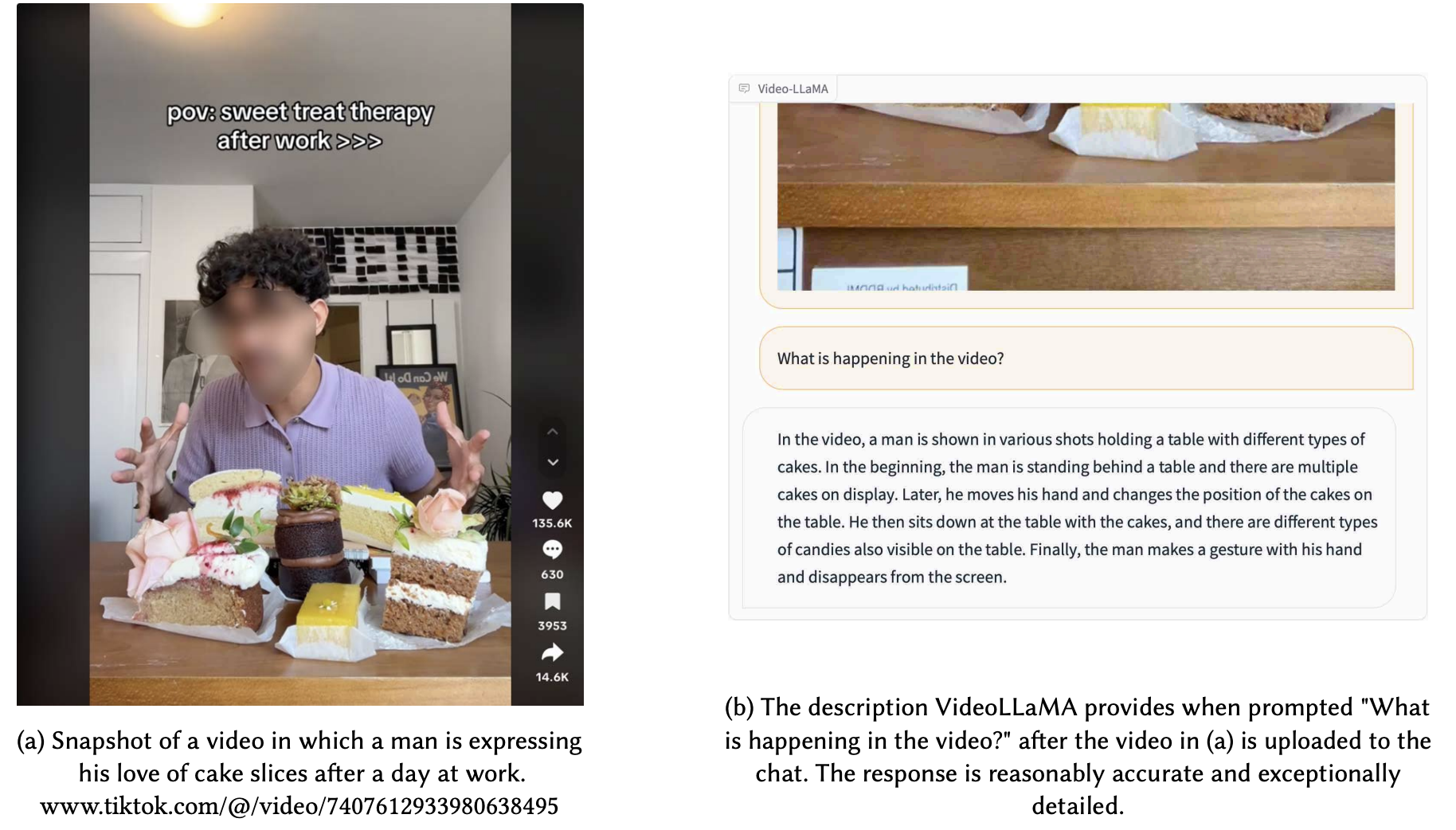 Descriptive text is shown alongside a still image from a Tik Tok video of a man delighted by slices of cakes.