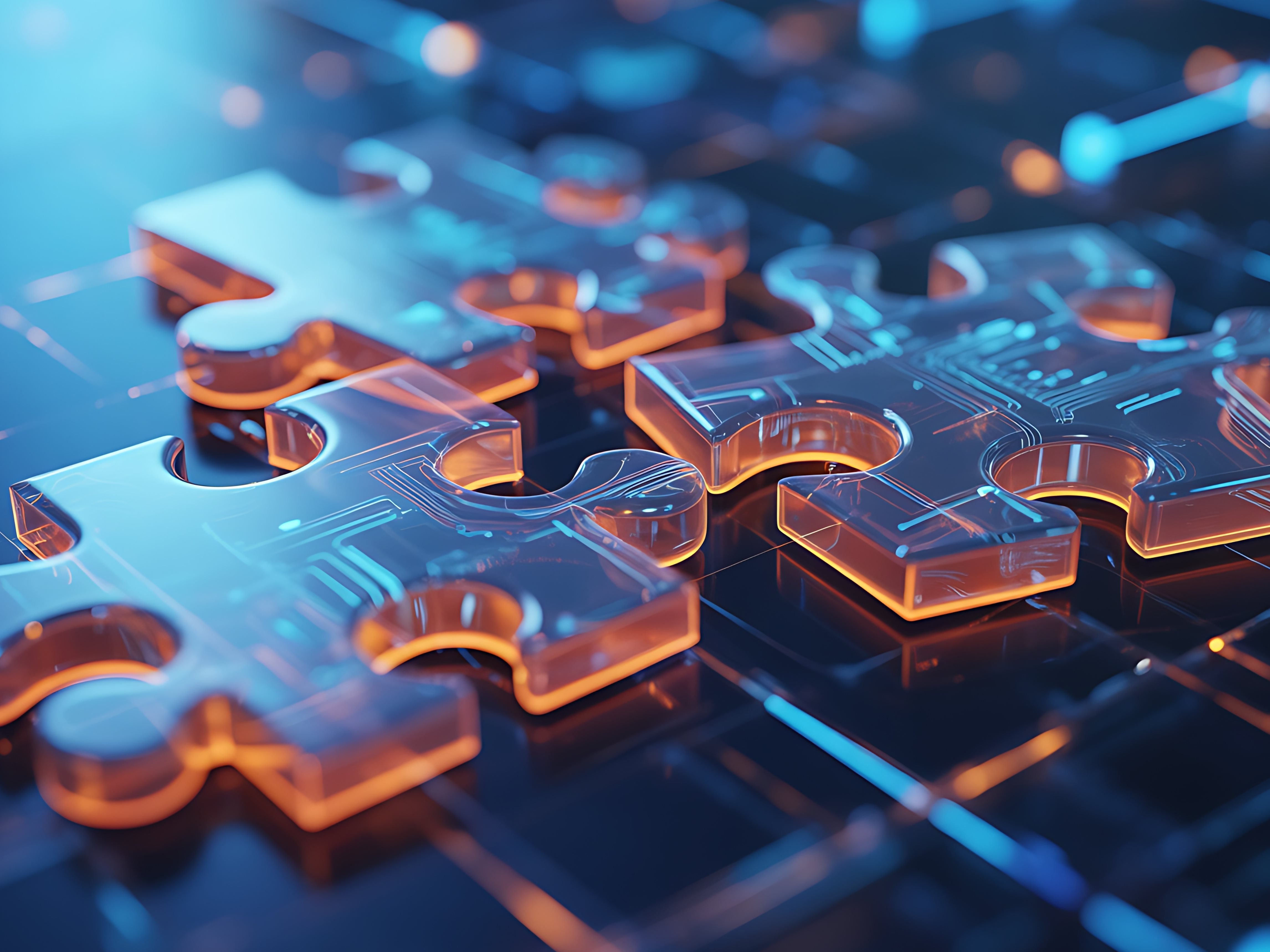 A blue glowing circuit board made into a conceptual jigsaw puzzle with three pieces.