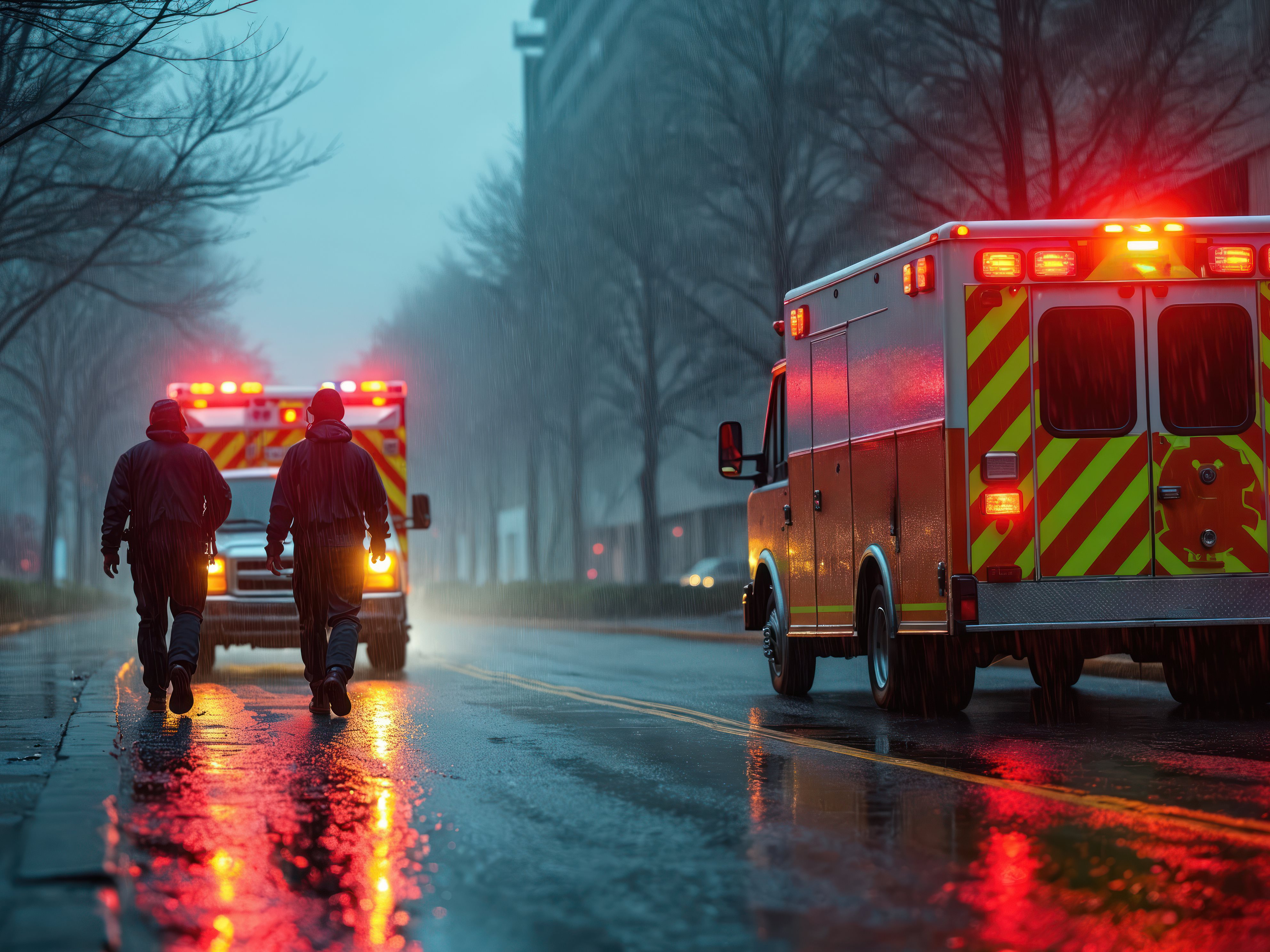 Emergency vehicles respond during a stormy night, their flashing lights illuminating the night.