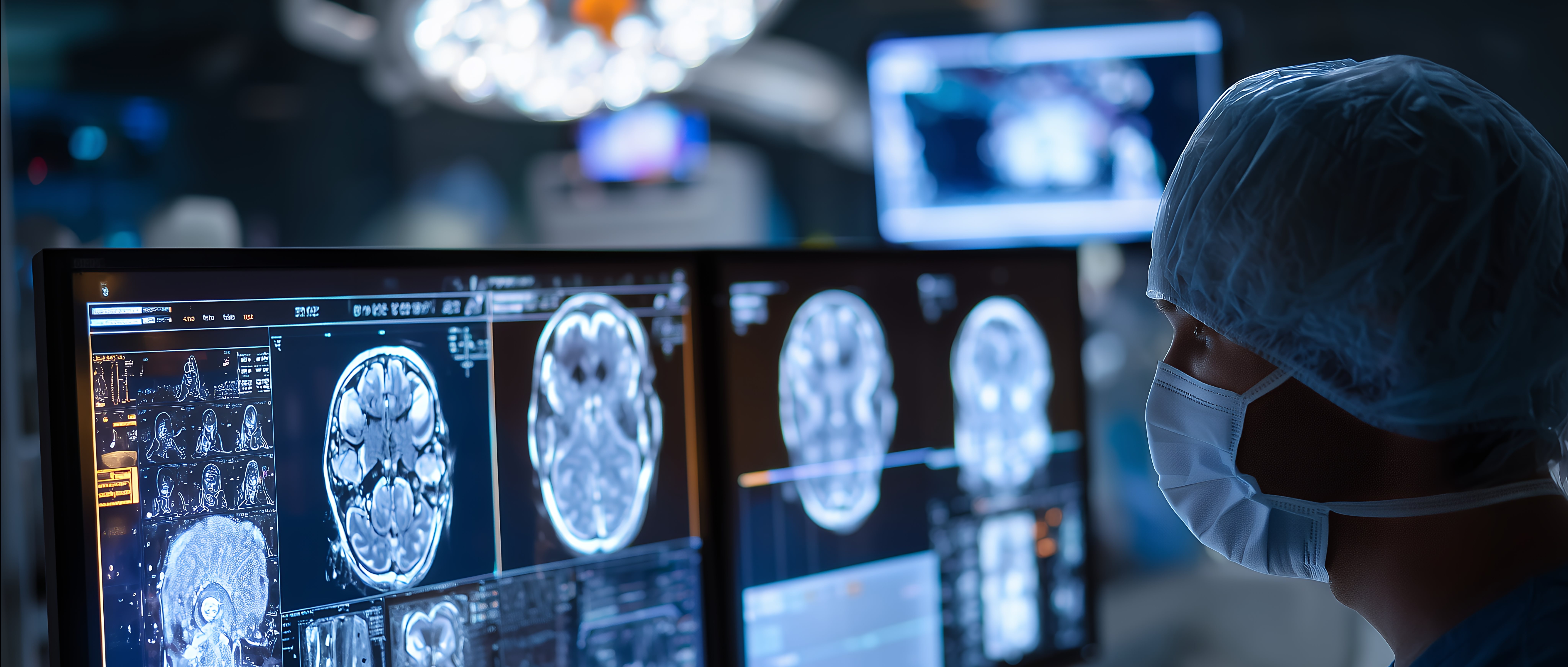 Surgeon analyzing brain scans on monitors in a sterile operating room environment.