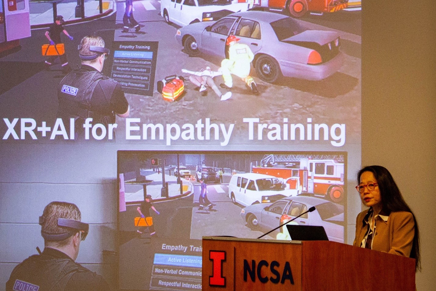 Caroline Cao, former IMMERSE Human Experience thrust lead, speaking on &amp;ldquo;XR+AI for empathy Training for first responders&amp;rdquo;.