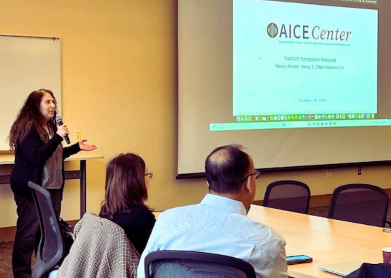 Nancy Amato, Siebel School director, provides opening remarks at the Fall 2025 AICE Symposium