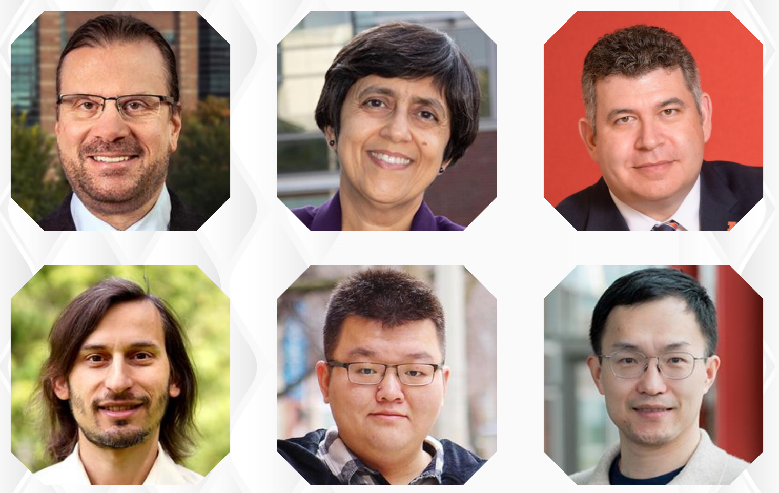 Top (from left): Jim Rehg, Sarita Adve, and Mark Cohen; Bottom (from left): Brighten Godfrey, Shenlong Wang, and Minjia Zhang.