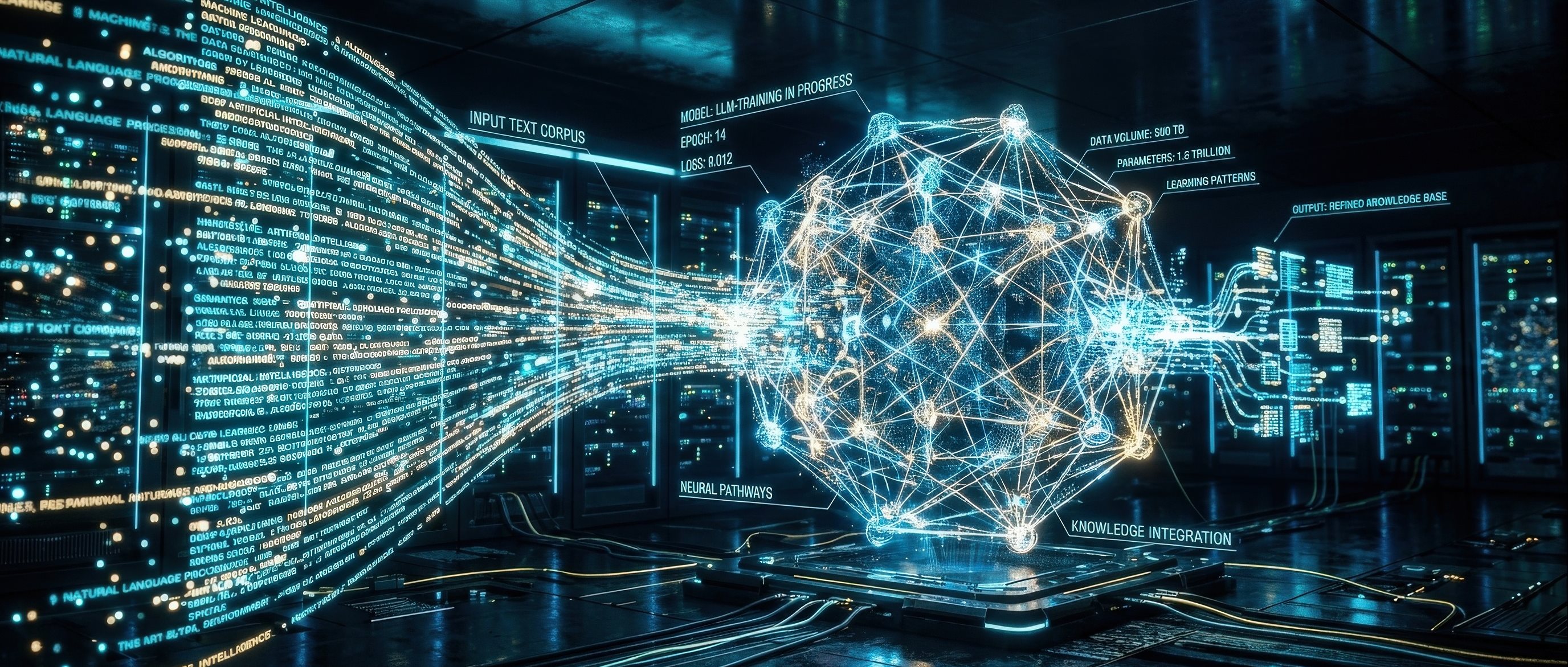 Blue graphic on a black background of a training concept for language with a glowing data flow and geometric orb in the middle processing and outputting information.