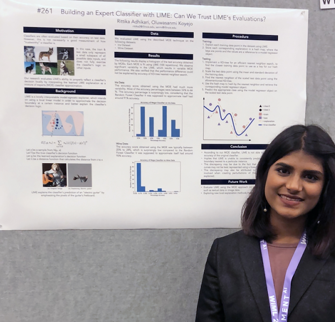 CS senior Rittika Adhikari, who conducted research with CS assistant professor Sanmi Koyejo, participated in a poster session at the Women in Machine Learning conference in the fall of 2018.