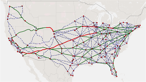 Graphic image of a United State map with lines and dots connecting US cities in different colors.