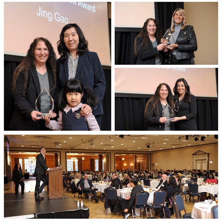 Clockwise from top left: Illinois CS Department Head Nancy M. Amato pictured with Early Career Academic Achievement Alumni Award winner Jing Gao and her daughter; Amato with Distinguished Alumni Achievement Award winner Carol Craig; Amato with Distinguished Alumni Service Award winner Ulku Rowe; and Young Alumni Achievement Award winner Jerry Talton speaking in front of the audience that included approximately 300 guests.