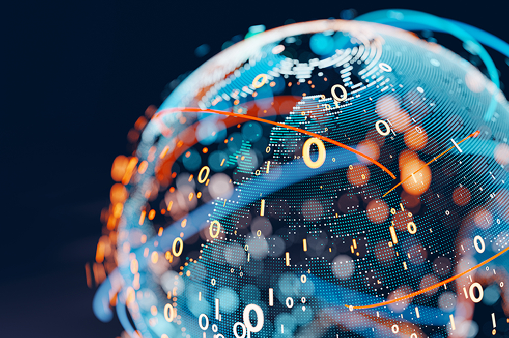 Graphic image of the globe with blue and orange colors to portray a digital connection.