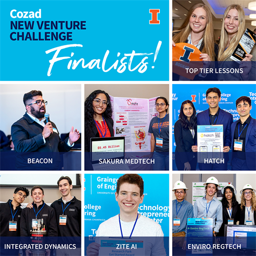 Graphic illustration and collage of images depicting the seven finalist teams for the Cozad New Venture Challenge.