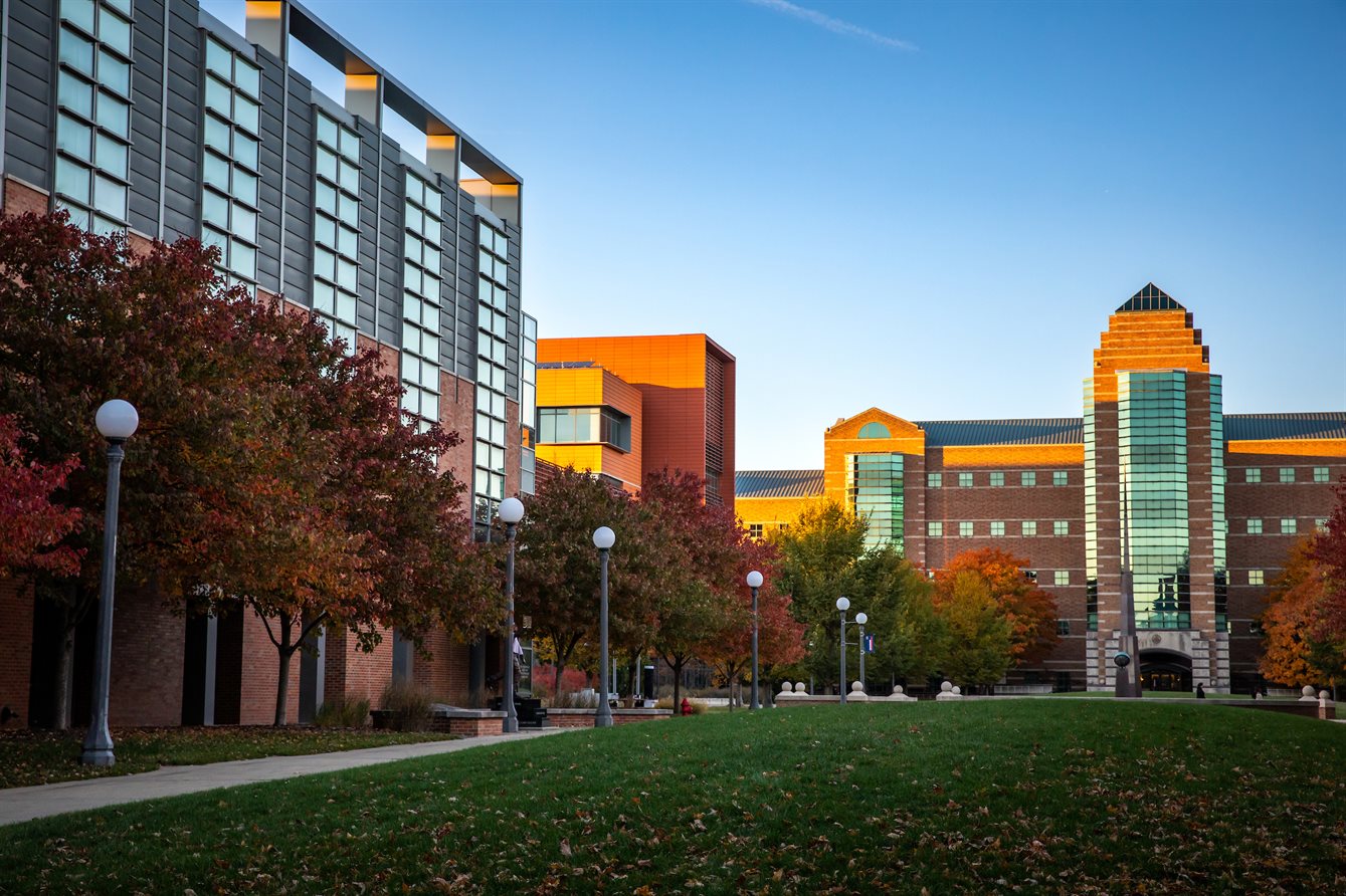 Exterior views of the ECE building (left) and the Beckman Institute with grass in front.