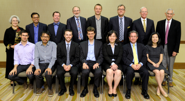 The recipients of the 2016 Illinois Computer Science Alumni Awards. Seated (from left): Milos Gligoric, Yu Pan, Dan Kaufman, Andreas Kloeckner, Le Xu, Steven Ashby, and Yizhou Sun. Standing (from left): Rosalind Weinberg (for Michael Faiman), Romit Roy Choudury, Michael Hughes, Thomas Dietterich, Marcin Kleczynski, CS Department Head Rob A. Rutenbar, Carl Dill, and Ed Reingold.