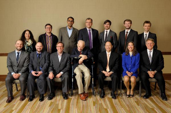 2015 Illinois Computer Science Award recipients. Seated, from left: Pete Koomen, John Criswell, William Dunn, Paul Saylor, Jackson Hu, Lynn Reedy, and Rick Cattell. Standing, from left: Nancy Amato, Luis Ceze, Apu Kapadia, Rob A. Rutenbar, Russ Simmons, Dave Paola, and Cosmin Radoi.