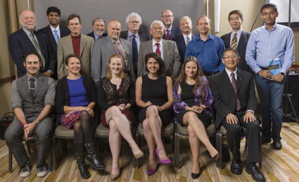 2014 Illinois Computer Science Award recipients. Seated, from left: Alan M. Braverman, Cinda Heeren, Brigid A. Johnson, Parisa Tabriz, Linda Petzold, and Der-Tsai Lee. Standing, from left: Roy H. Campbell, Siva Kumar S. Hari , Michael T. Heath, C. William Gear, Marc Snir, Trevor Mudge, Kenichi Miura, Daniel A. Reed, Franco P. Preparata, Lawrence Angrave, Jason Cong, and Koushik Sen.