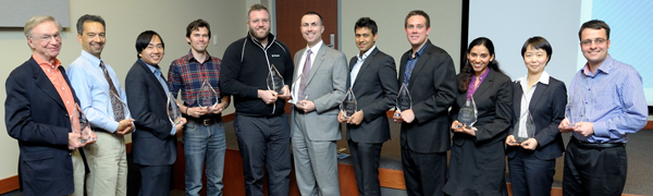 2012 Illinois Computer Science Alumni Awards Winners (l to r): David J. Kuck, Ran Libeskind-Hadas, Sizhao Yang, Roger Dickey, Ari Gesher, Milos Prvulovic, Amitt Mahajan, Joel Poloney, Pooja Agarwal, Xiasong Ma, Robert L. Bocchino Jr.