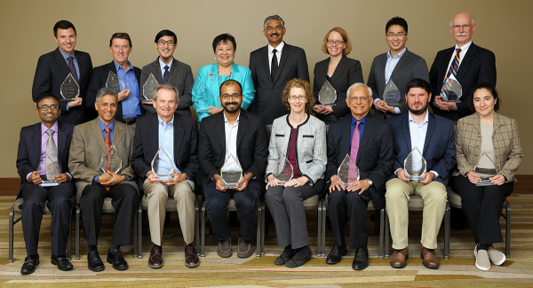 The recipients of the 2017 Illinois Computer Science Alumni Awards. Seated (from left): Rajesh Karmani, Nikil Dutt, James E. Smith, Aditya Parameswaran, Marianne Winslett, Kishor Trivedi, Andrei &amp;amp;amp;amp;amp;amp;amp;Aring;&amp;amp;amp;amp;amp;amp;amp;Aring;&amp;amp;amp;amp;amp;amp;amp;frac34;tef&amp;amp;amp;amp;amp;amp;amp;Auml;&amp;amp;amp;amp;amp;amp;amp;fnof;nescu, and Svetlana Lazebnik. Standing (from left): Isaac J. Hall, Richard M. Schell, Steven Ko, Drina C. Yue, Interim CS Department Head Vikram Adve, Jill Zmaczynski, Xiang Ren, and Scott Fisher.