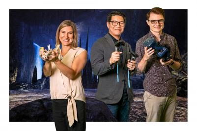 Researchers, students and educators, including, from left, U. of I. anthropology professor Laura Shackelford; educational policy, organization and leadership professor David Huang; and computer science graduate student Cameron Merrill have created Virtual Archaeology, a virtual reality laboratory that brings an in-depth archaeological field school experience to campus. Photo by Fred Zwicky.