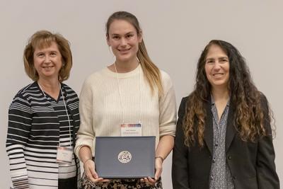 Debra and Ira Cohen Graduate Fellow Sarah Christensen (center) with donor Debra Cohen (left) and CS Department Head Nancy Amato (right).