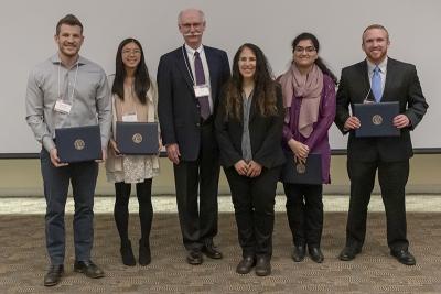 Winners of the Outstanding TA Award (l to r): Konstantinos Koiliaris, Heather Huynh, donor Scott Fisher (CS MS '76), CS Department Head Nancy Amato, Faria Kalim, and Christiaan Hazlett. (Not pictured: Nathan Bowman and Sahand Moffari.)