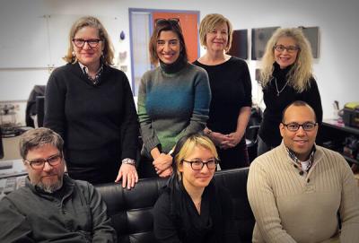 Top row: Anne Silvis (assistant dean of community and economic development at U of I Extension), Karrie Karahalios (professor of computer science), Karen Rodriguez'G (director of the Office of Undergraduate Research), Donna Cox (professor of art and design, and director of the Advanced Visualization Laboratory).  Bottom row: Ben Grosser (assistant professor of new media), Anita Say Chan (associate professor of media and cinema studies and at the iSchool), Zachary Kennedy (U of I Extension state specialist).